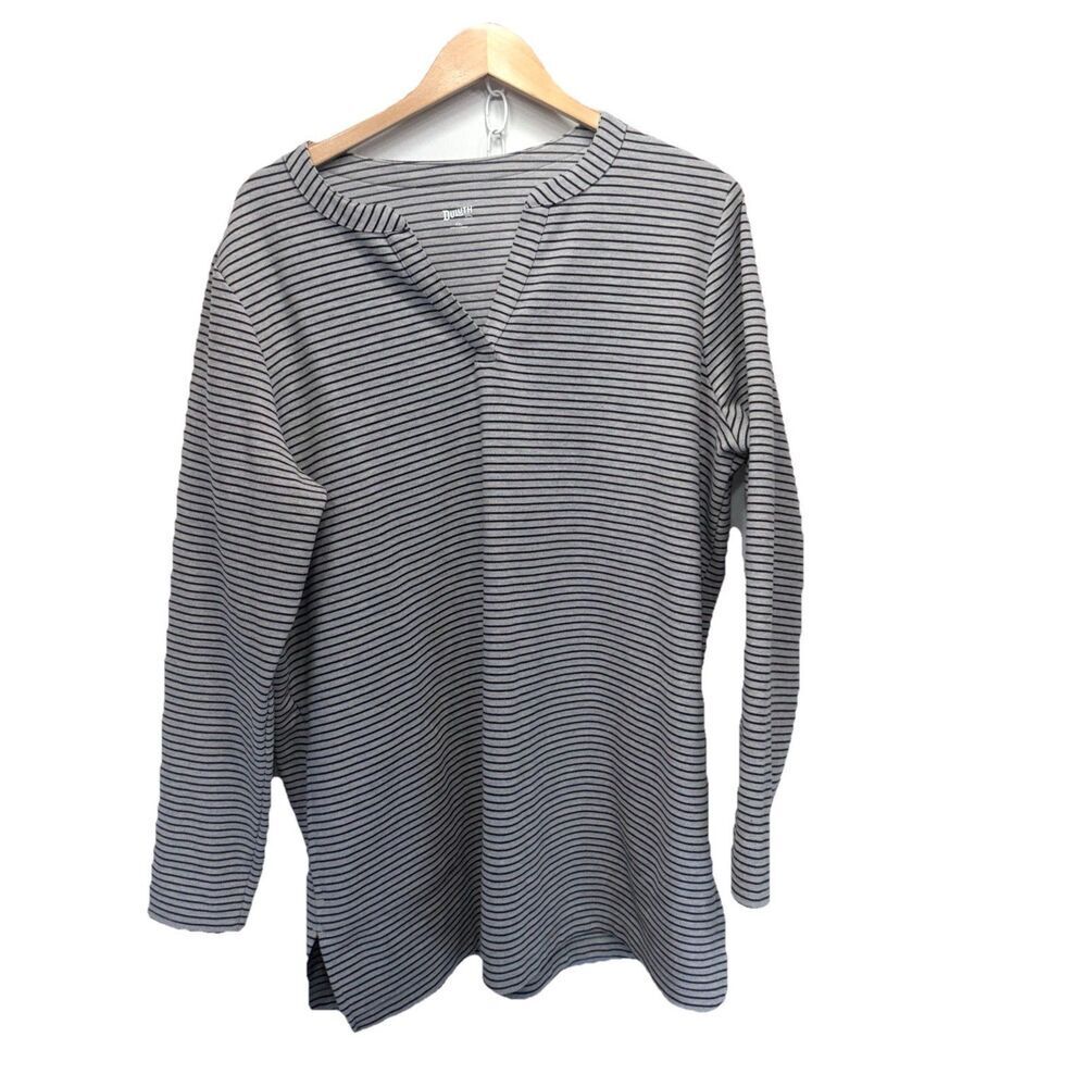 Duluth Trading Co Womens XXL Ponte Knit Tunic Black Gray Stripe V Neck Top Plus